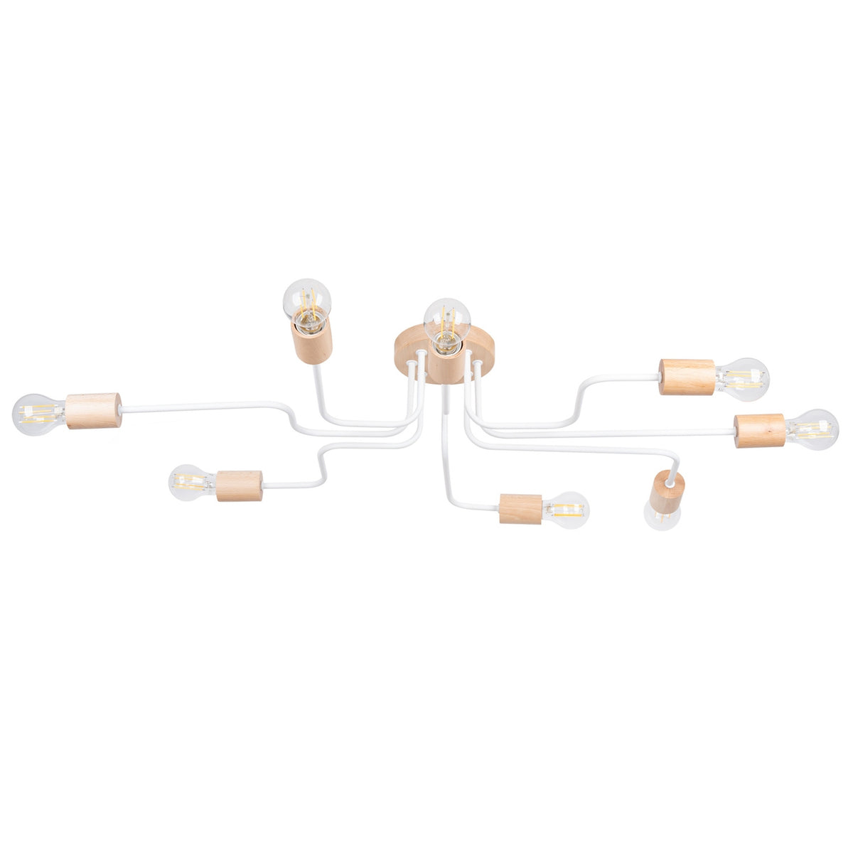 Vue de face du luminaire blanc à huit ampoules, base centrale en bois et câbles fins.