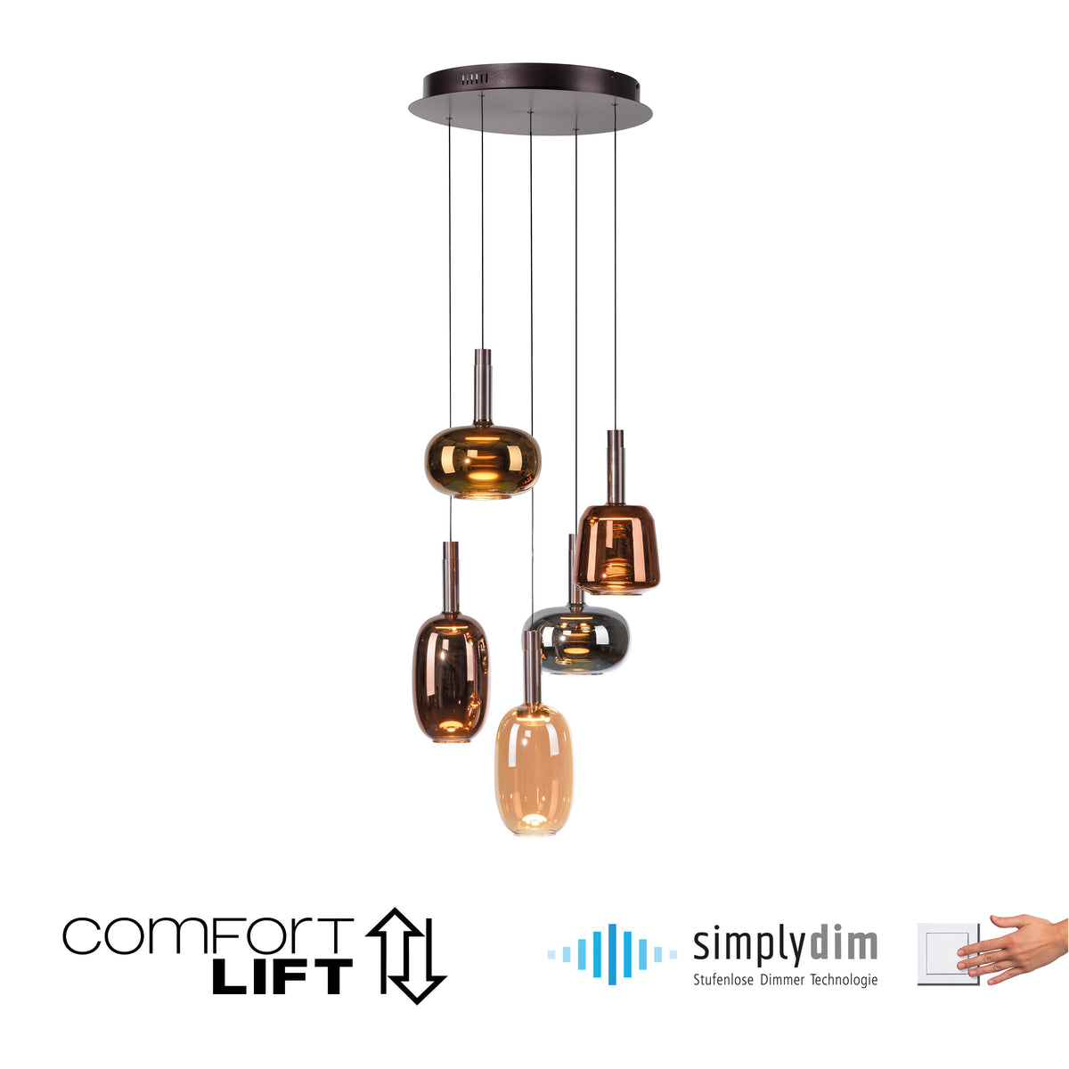 Photo produit sur fond blanc avec logos Comfort Lift et Simply Dim