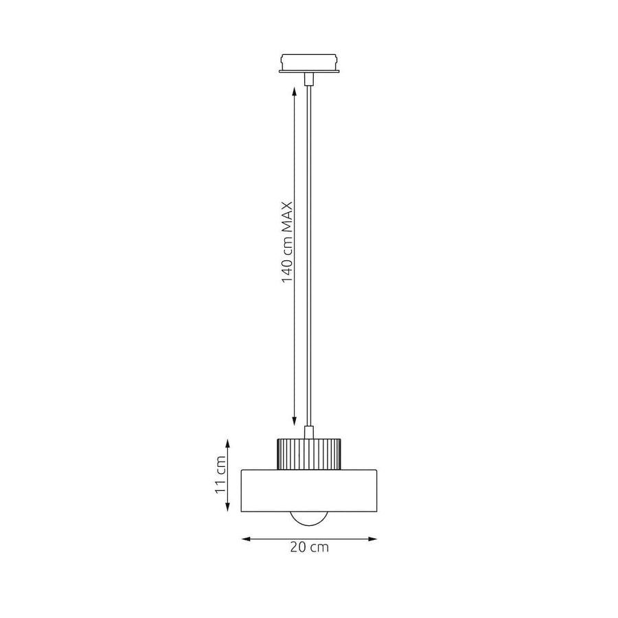 Schéma technique coté : hauteur 11 cm, diamètre 20 cm, câble 140 cm
