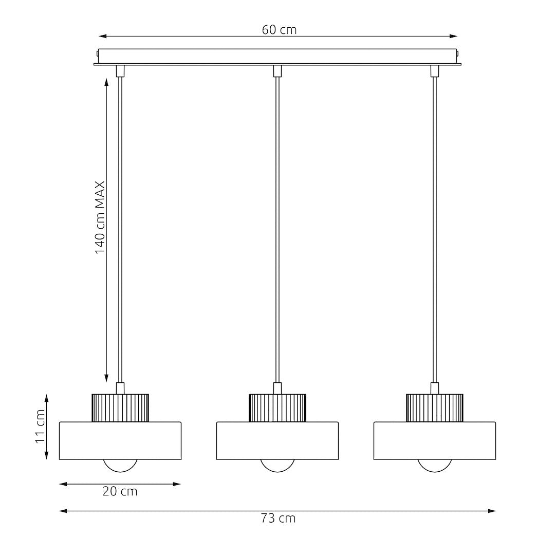 Schéma coté du luminaire : 60 cm de platine, 140 cm de câble, 20 cm