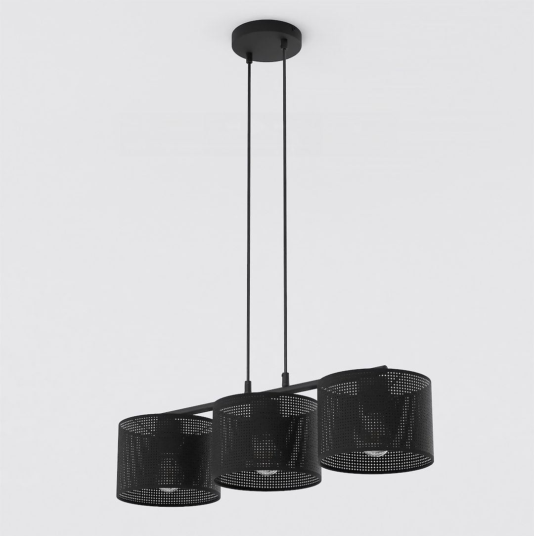 Suspension noire à trois abat-jours cylindriques perforés, vue de face sur fond blanc