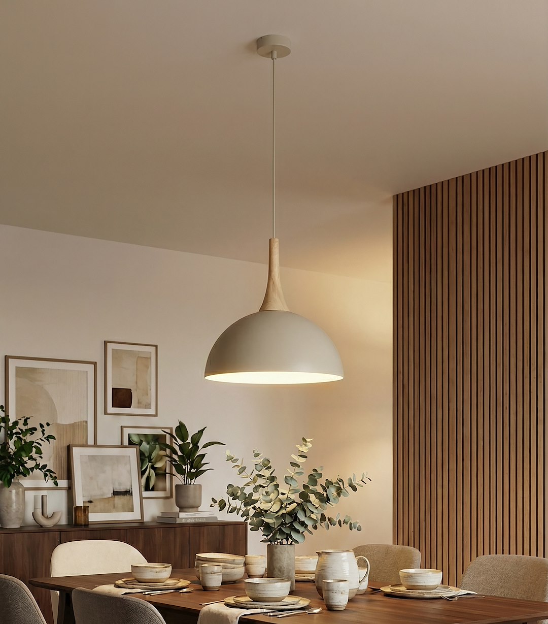 Mise en ambiance au-dessus d'une table de salle à manger, mur lambrissé de bois