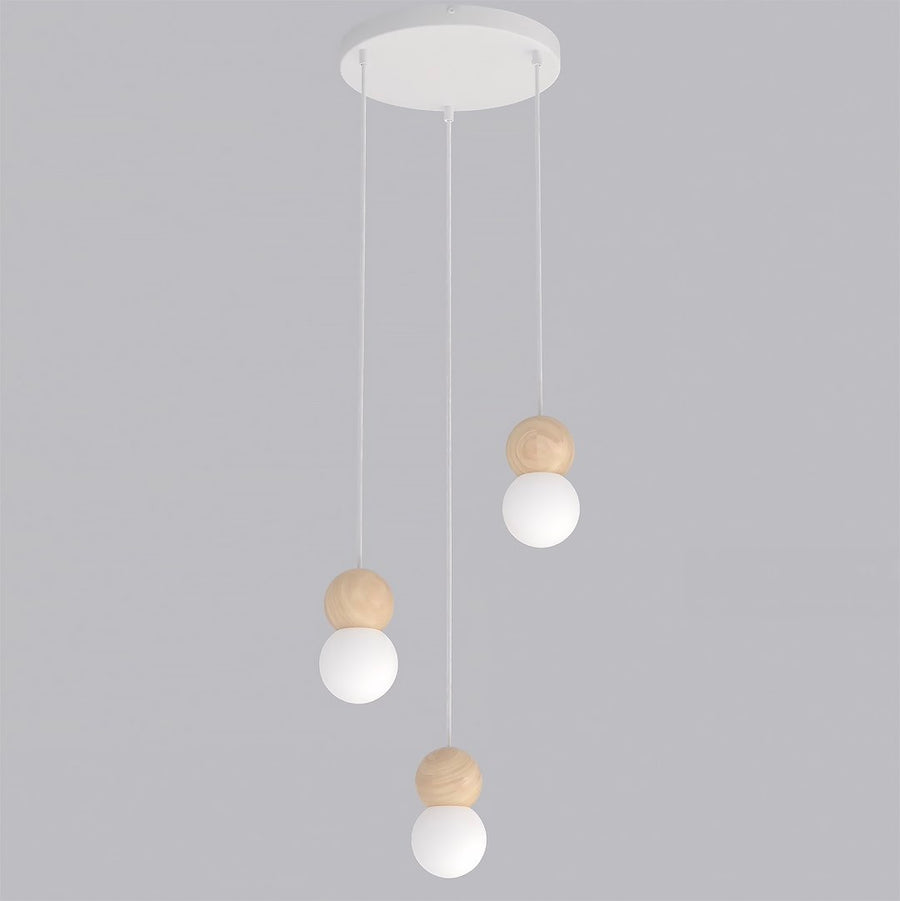 Suspension blanche à trois boules décalées, vue de face sur fond gris