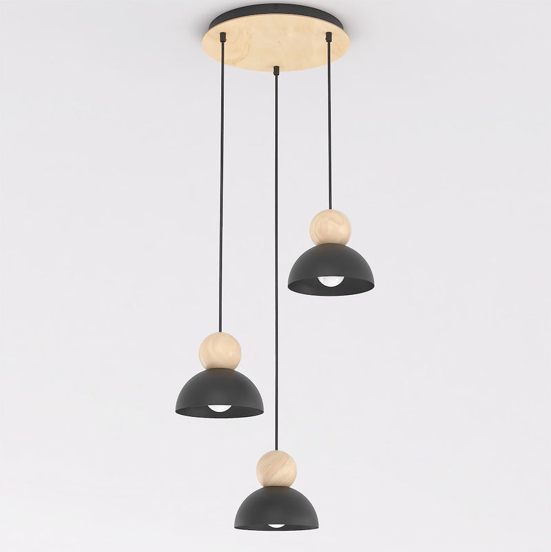 Suspension Kaki 3 lumières noire, bois, H 41 cm