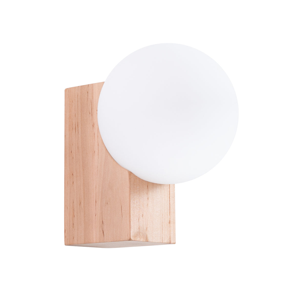 Applique murale en bois clair avec globe sphérique blanc opaque, vue de face sur fond neutre.