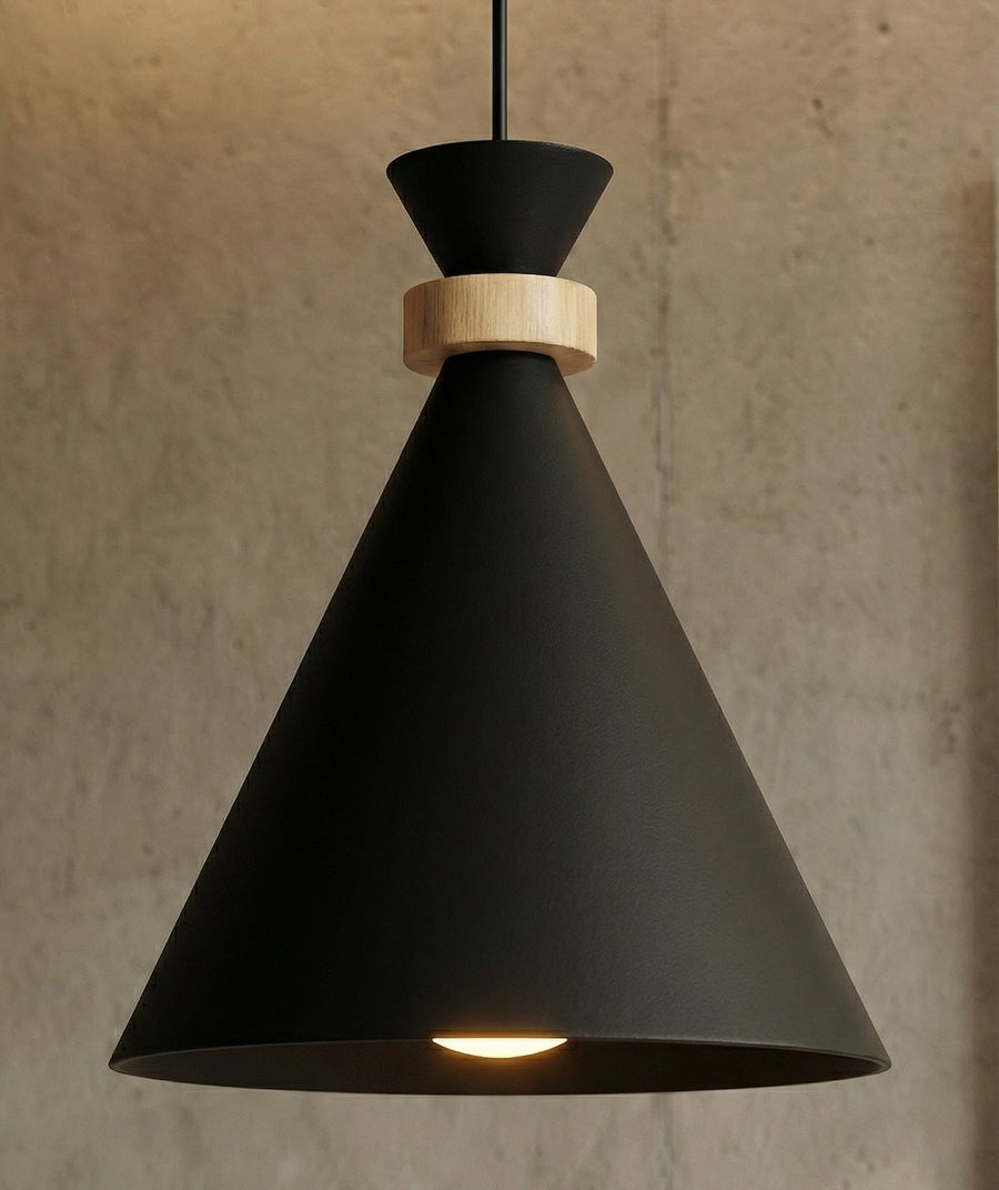 Détail rapproché du cône noir et de la bague en bois naturel