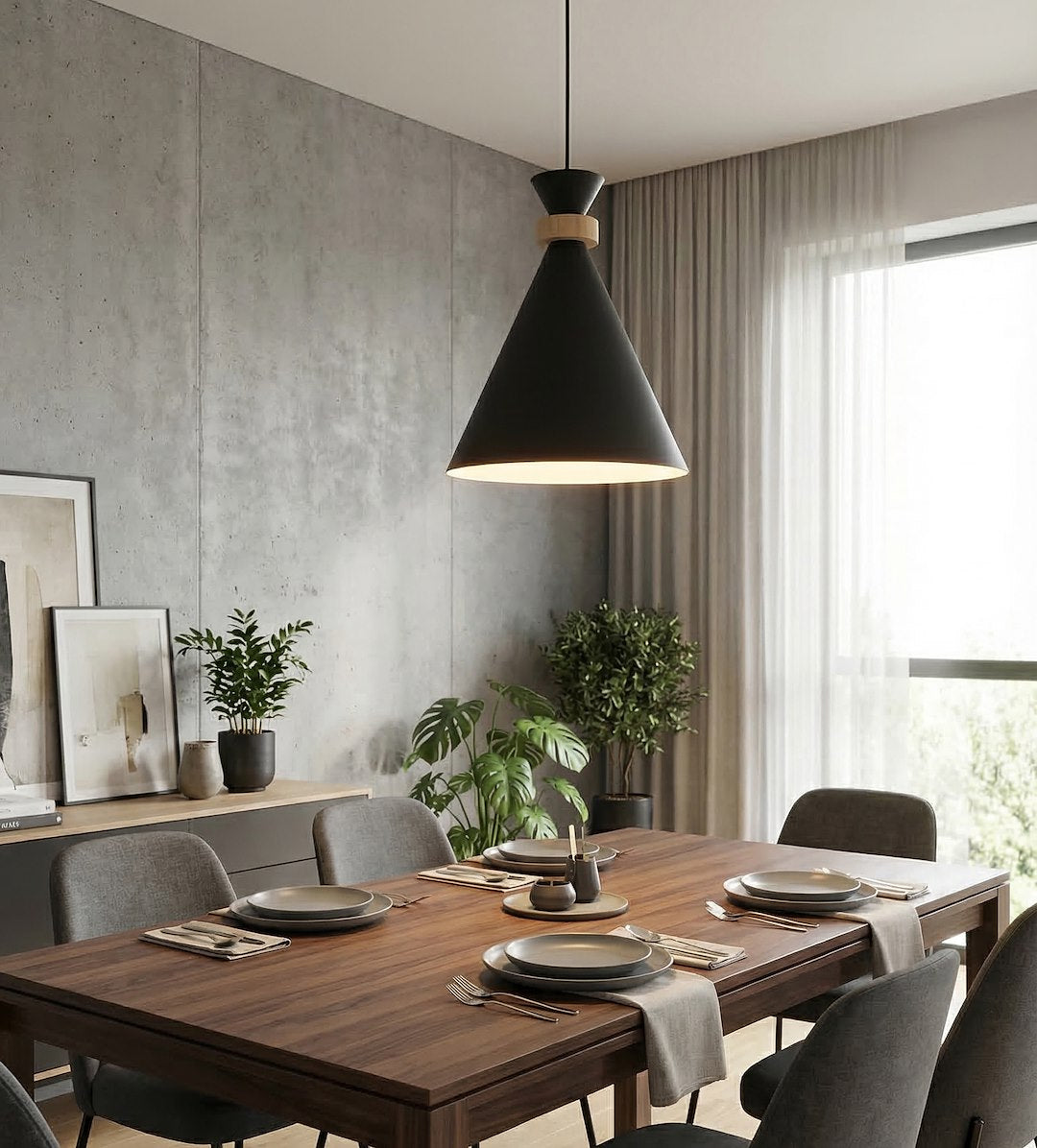 Salle à manger moderne, suspension allumée au-dessus de la table dressée