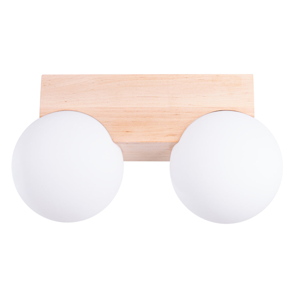 Vue de face sur fond blanc du plafonnier en bois clair avec deux globes opalins.