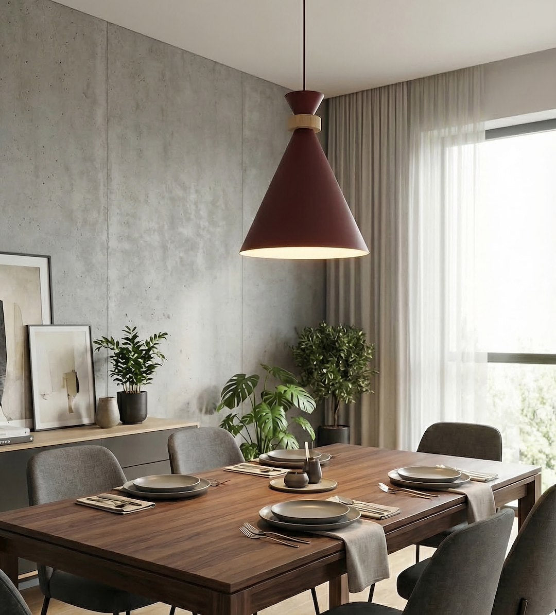 Salle à manger contemporaine, suspension conique bordeaux au-dessus de la table dressée