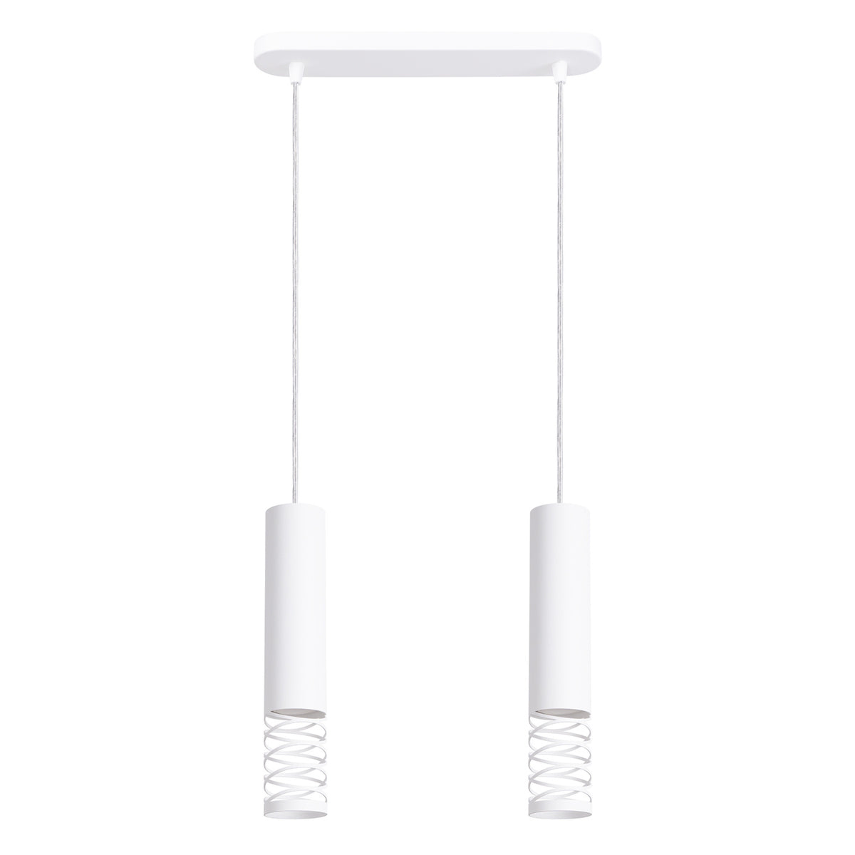 Vue de face du luminaire blanc à deux cylindres suspendus sur fond neutre