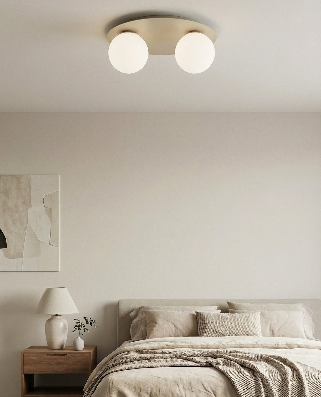 Plafonnier Solar 2 lumières beige, verre blanc