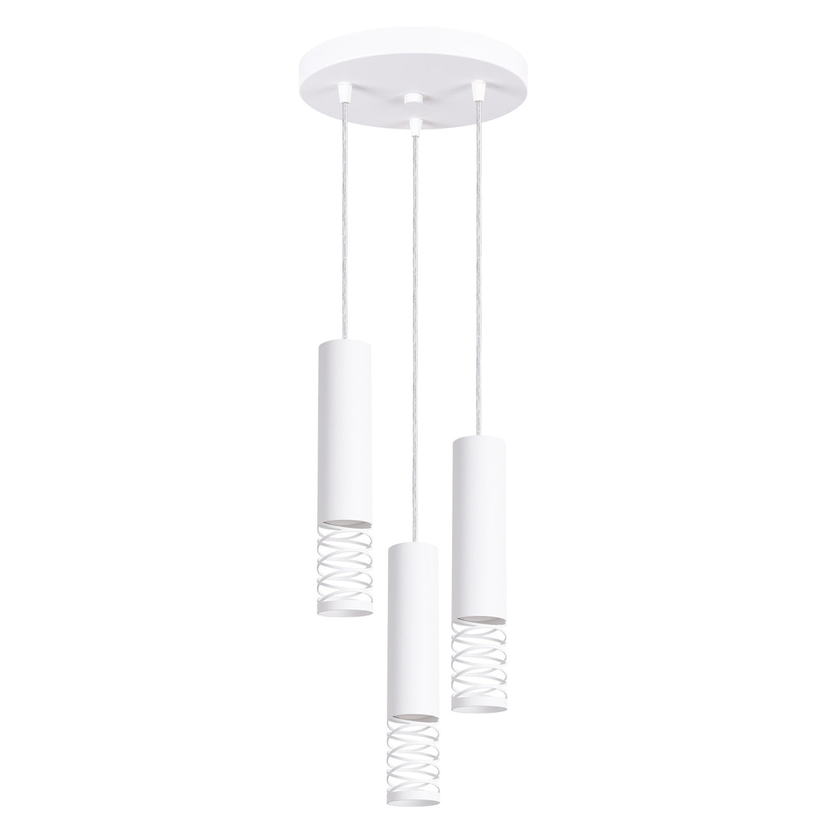Vue de face du luminaire suspendu trois cylindres blancs sur fond blanc