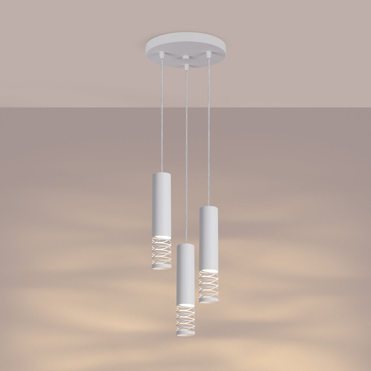 Ambiance chaleureuse beige montrant la lumière diffusée par les spirales des cylindres