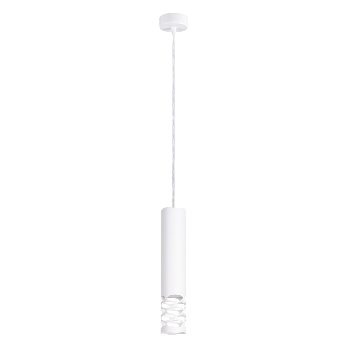Vue de face d'une suspension blanche cylindrique avec cordon et rosace