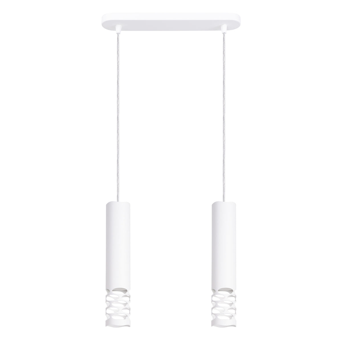Vue de face sur fond blanc de deux cylindres blancs suspendus