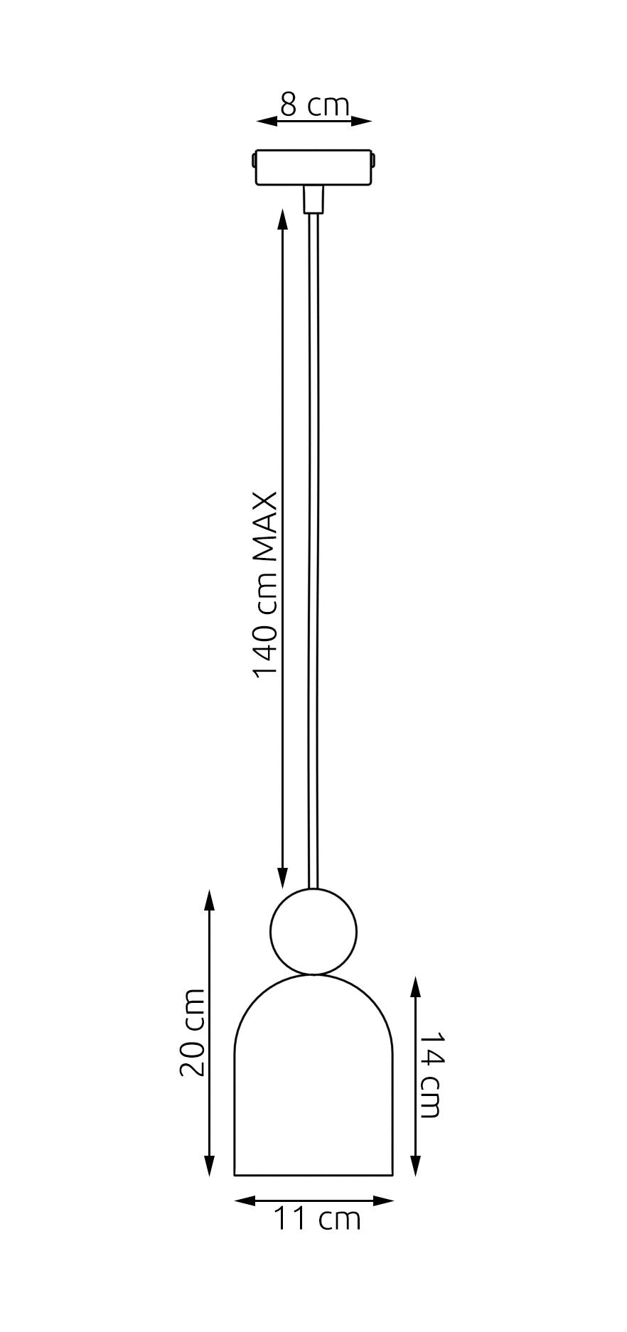 Schéma coté : rosace 8 cm, câble 140 cm max, abat-jour 11 x 14 cm.