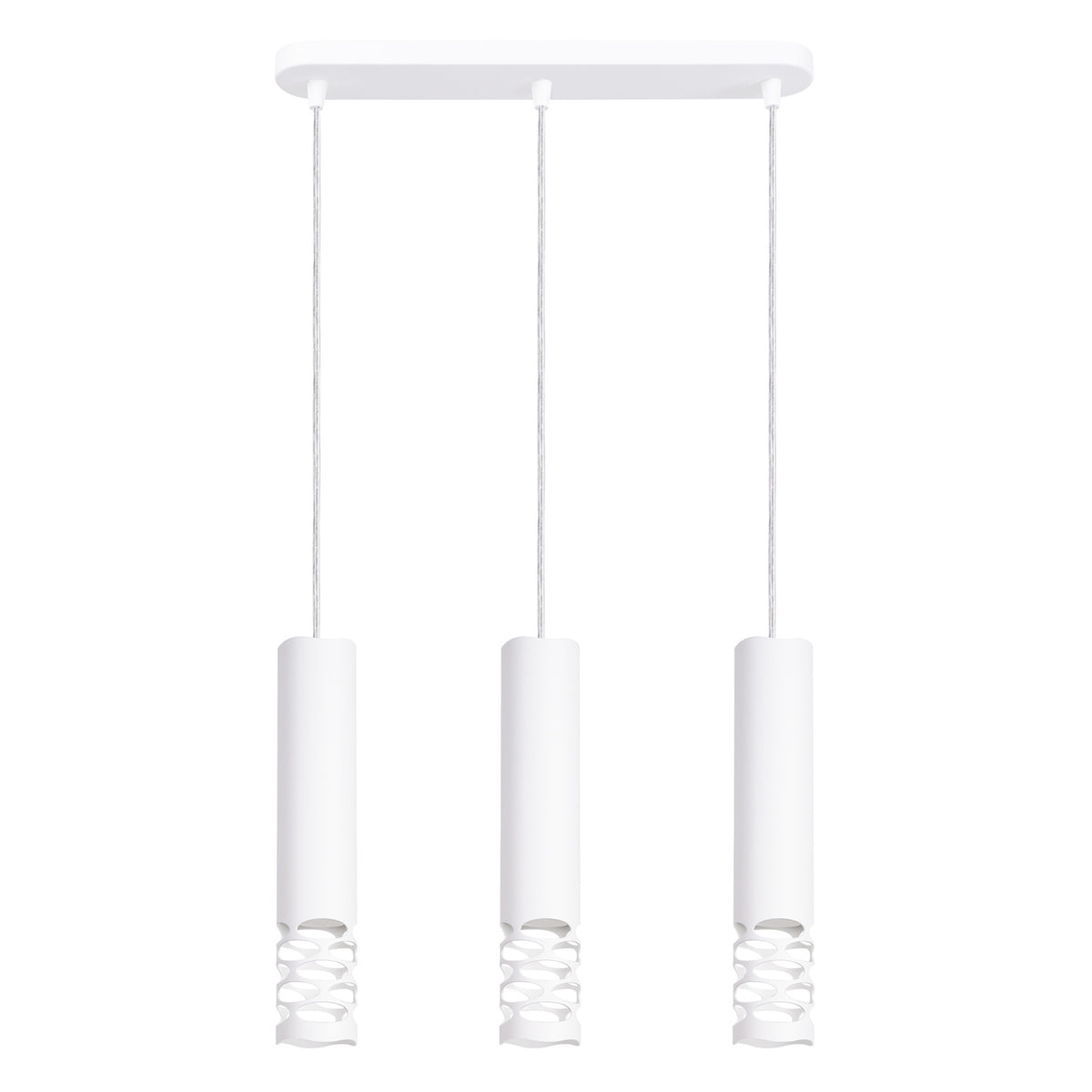 Vue de face du luminaire suspendu blanc à trois cylindres perforés