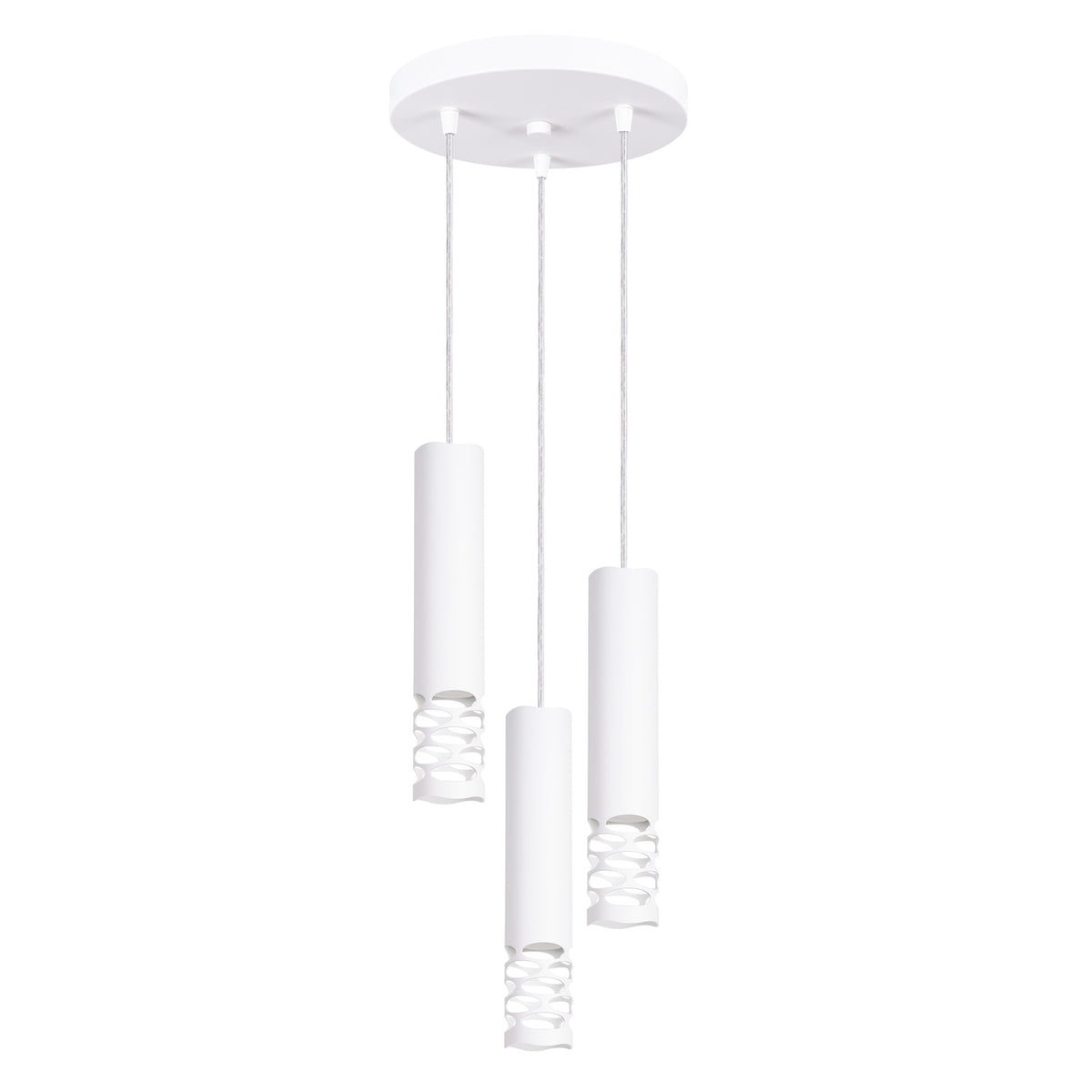 Lampe suspendue à trois cylindres blancs de différentes hauteurs, vue de face