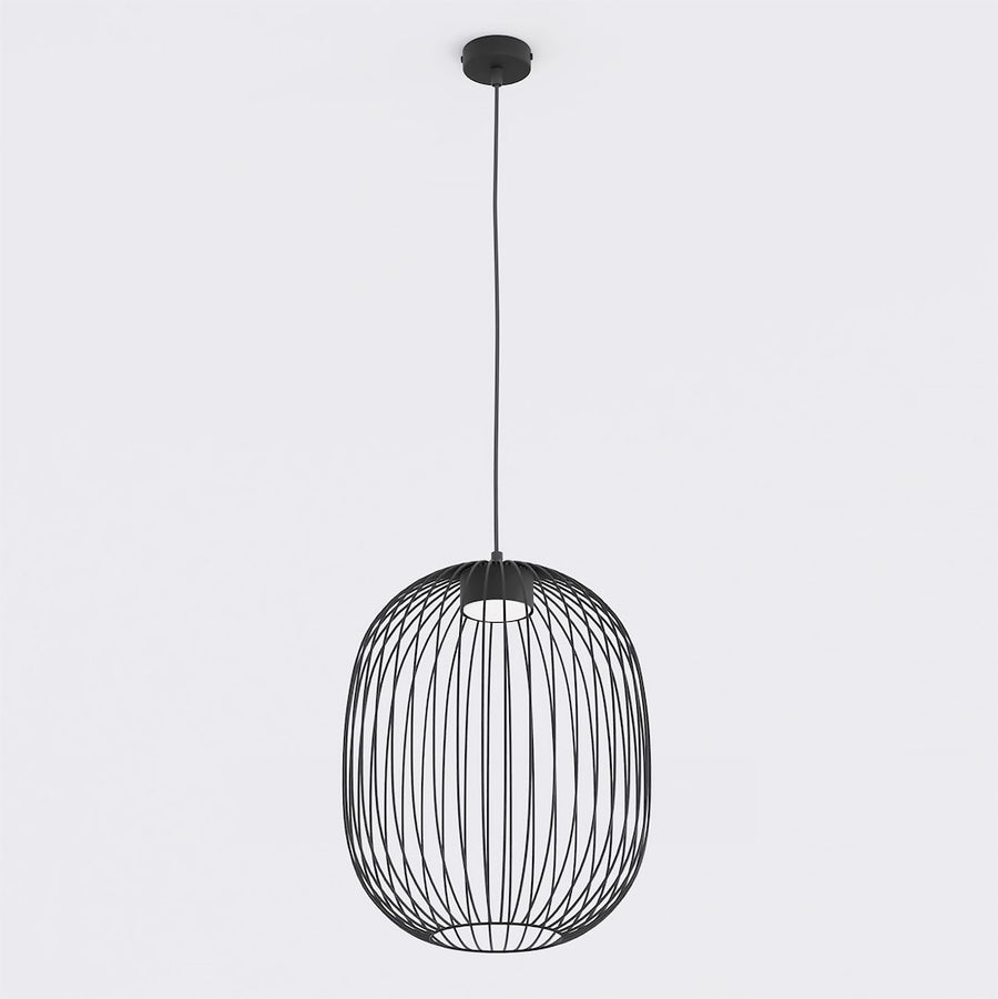 Suspension noire en métal, abat-jour cage ovoïde, vue de face sur fond blanc