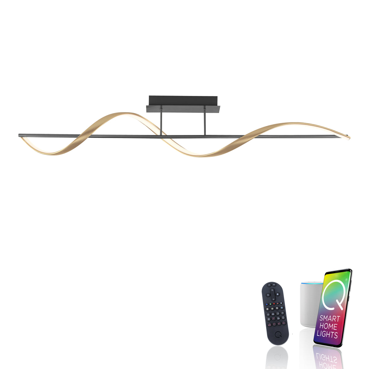 Luminaire présenté avec télécommande, enceinte connectée et smartphone sur fond blanc