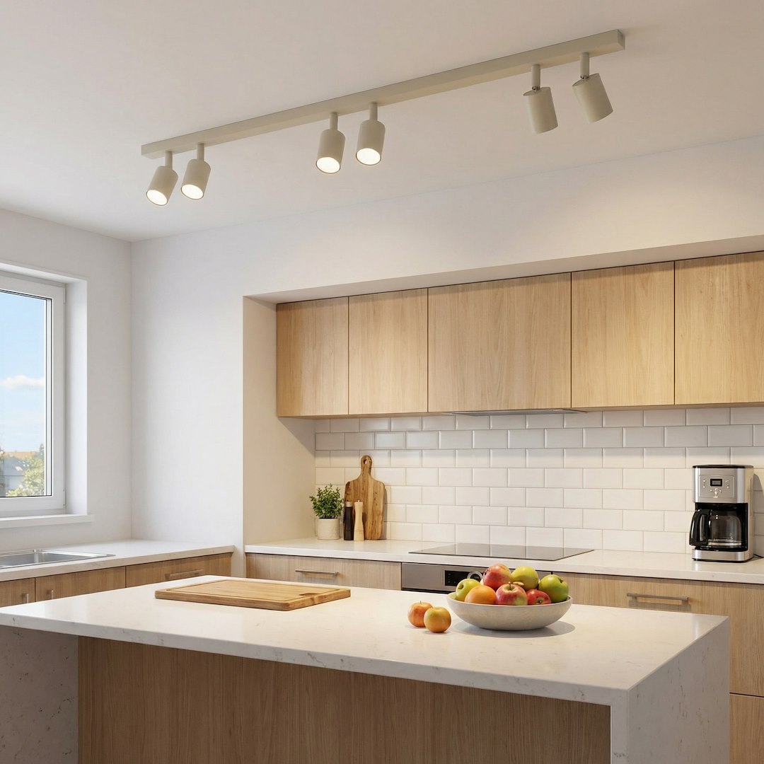 Mise en ambiance cuisine bois clair avec le plafonnier au-dessus du plan central