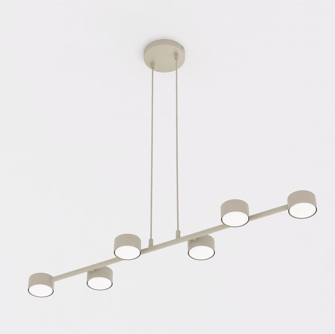Vue de face du luminaire suspendu beige à six points lumineux alignés