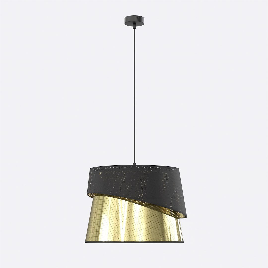 Suspension noire et dorée de face, abat-jour double cylindre perforé sur fond blanc