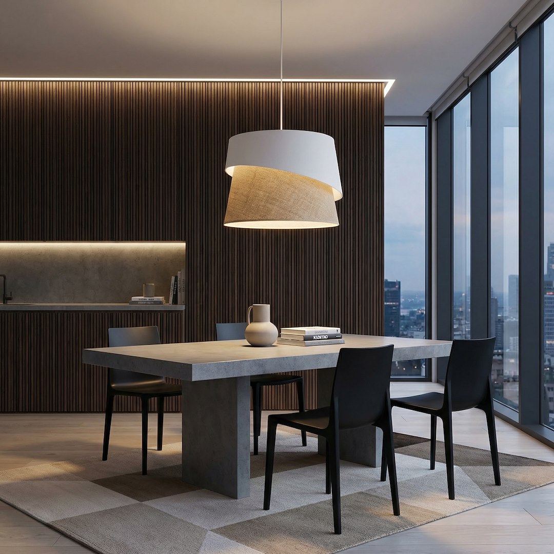 Suspension éclairée dans un intérieur contemporain au mur de lattes bois