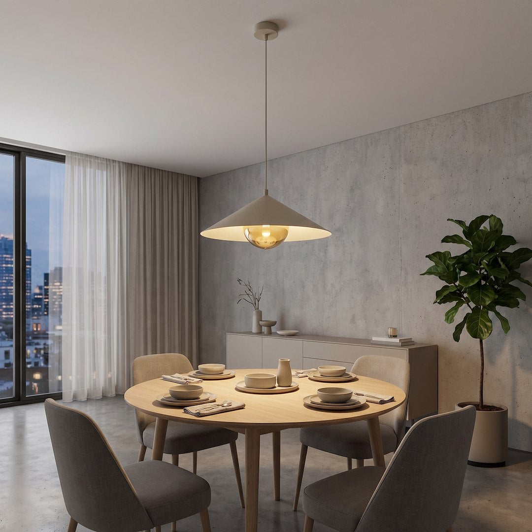 Scène de salle à manger le soir, lampe suspendue au-dessus d'une table ronde dressée