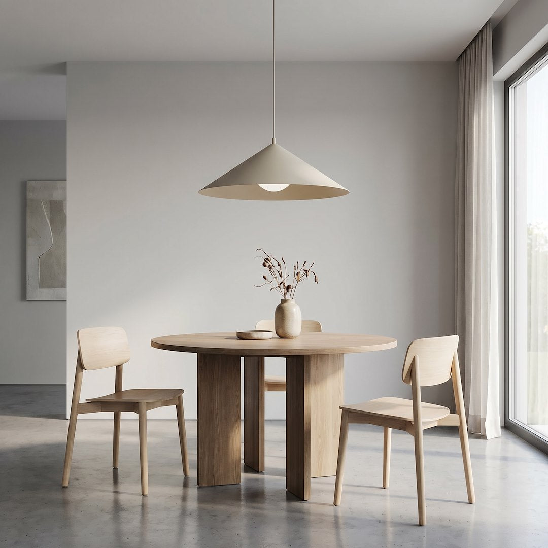 Suspension installée au-dessus d'une table à manger ronde en bois clair