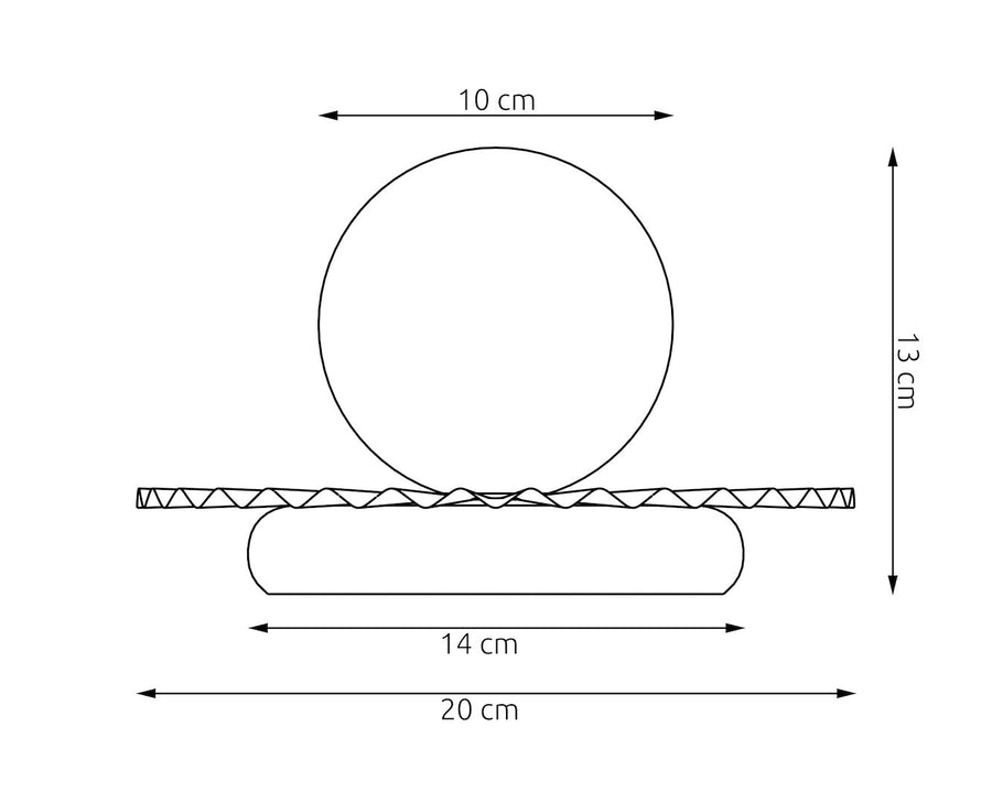 Schéma coté du luminaire indiquant dix centimètres de sphère et treize de hauteur