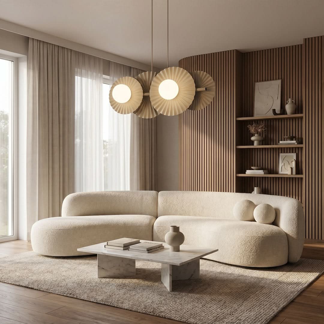 Suspension allumée au-dessus d'un salon beige avec canapé et bibliothèque