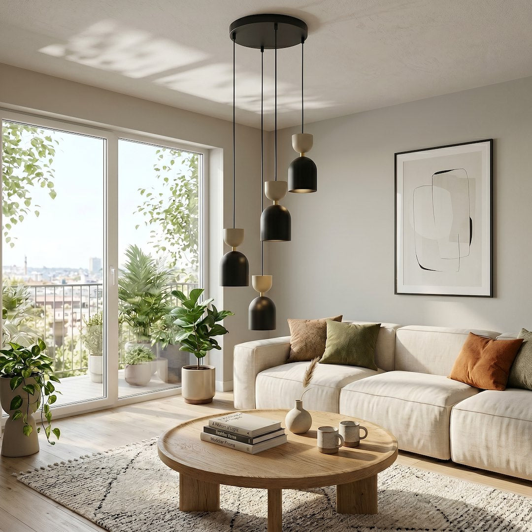 Mise en situation dans un salon lumineux, suspension devant une baie vitrée.