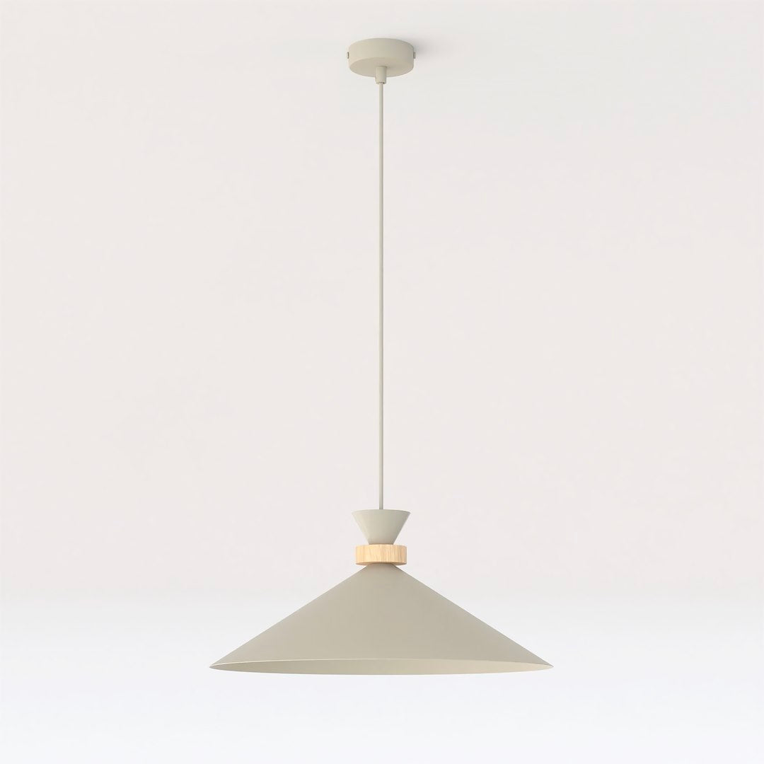 Suspension beige vue de profil avec câble, rosace et abat-jour conique.