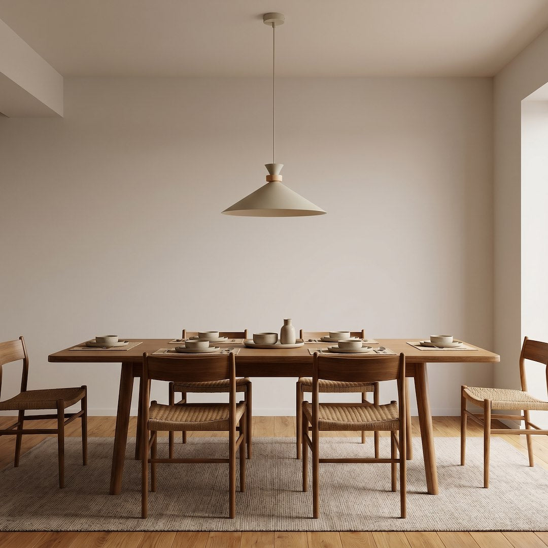 Mise en ambiance salle à manger : suspension beige suspendue au-dessus d'une table en bois.