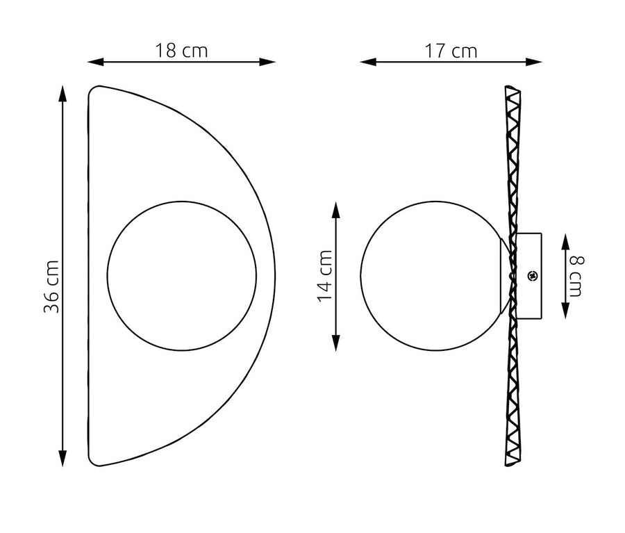 Dessin technique côté : 36 cm de hauteur, 18 cm de largeur, 17 cm de profondeur.