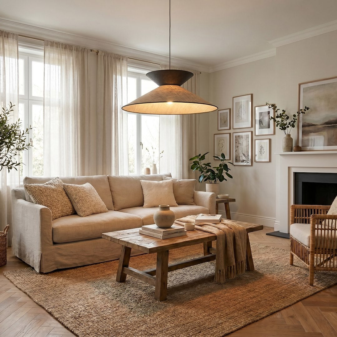 Mise en ambiance salon clair, suspension allumée au-dessus d'un canapé beige et tapis.