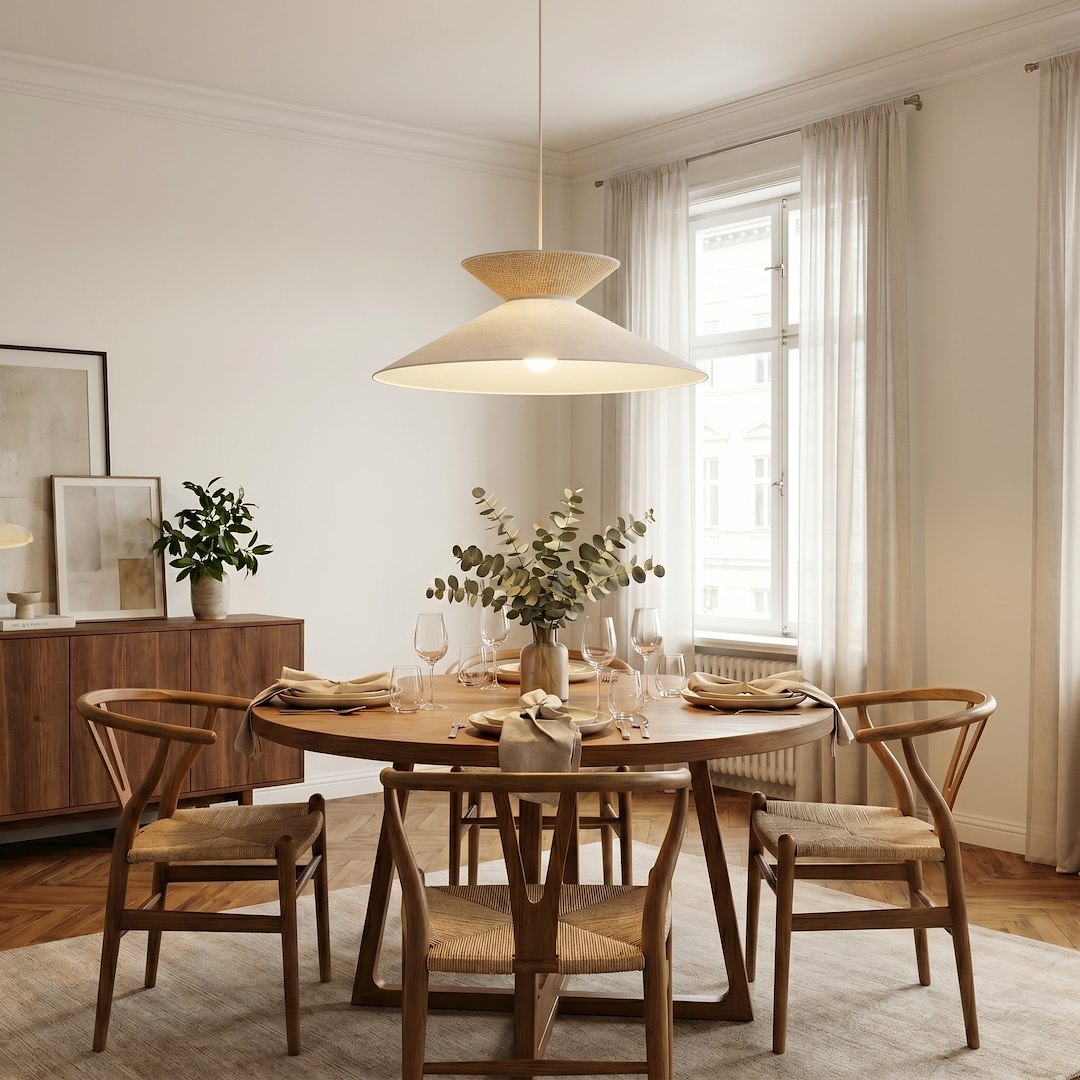 Suspension éclairée au-dessus d'une table à manger en bois et chaises
