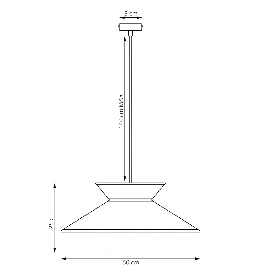 Schéma coté du luminaire, hauteur, diamètre et longueur du câble