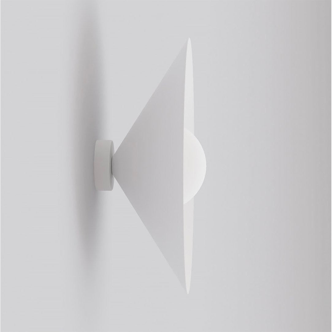 Vue de profil du luminaire blanc fixé au mur, disque conique et sphère centrale