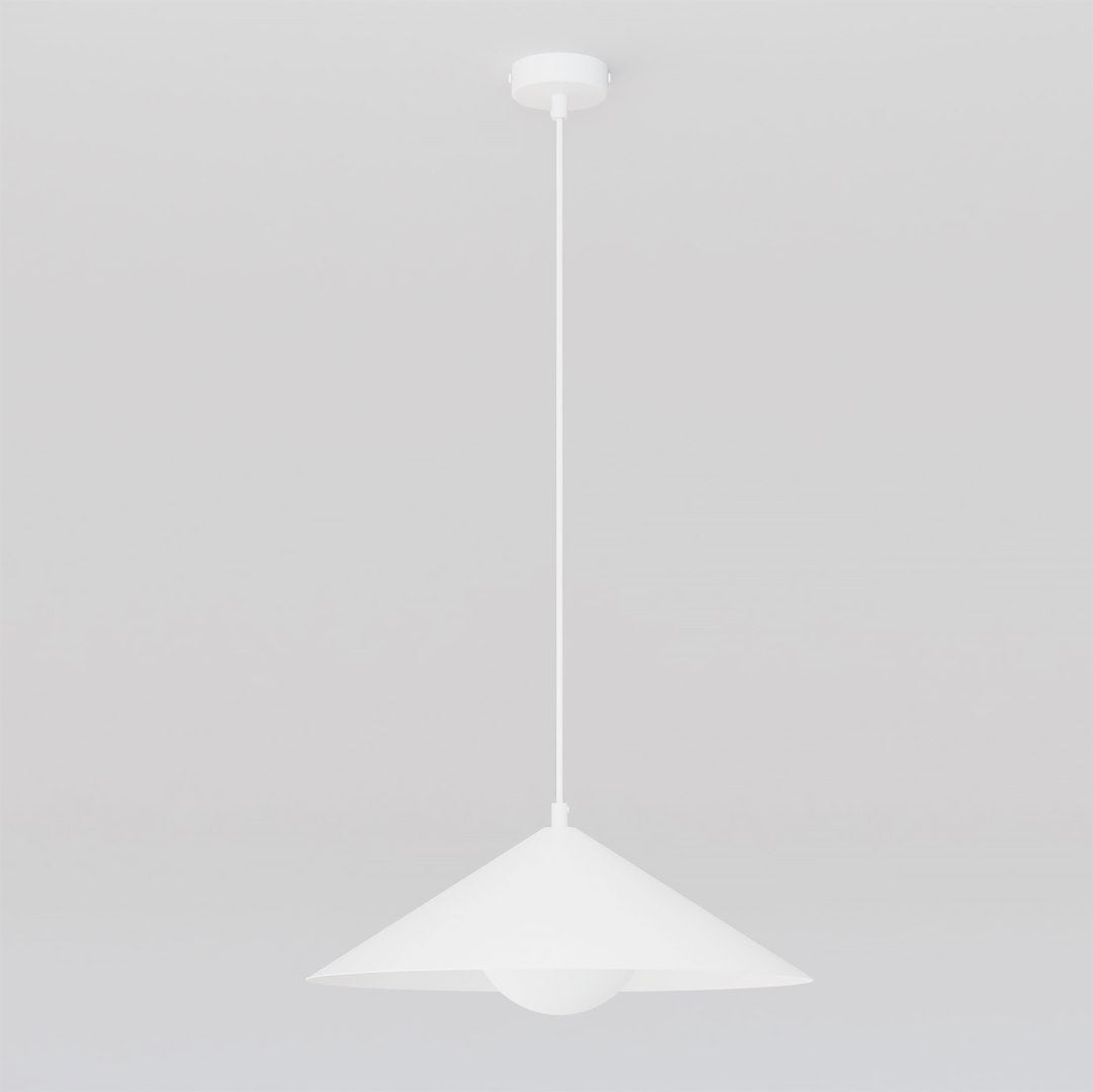 Suspension blanche de face, grand cône et diffuseur sphérique allumé sur fond clair