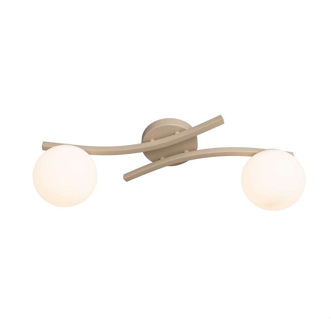 Plafonnier beige à deux globes de verre blanc opalin, vue de face sur fond blanc