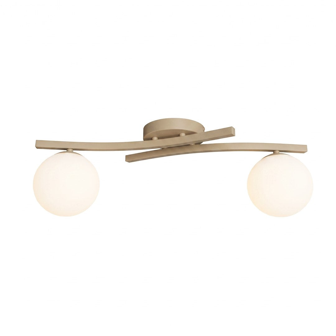 Vue de dessous du luminaire montrant les deux bras courbés croisés et leurs diffuseurs