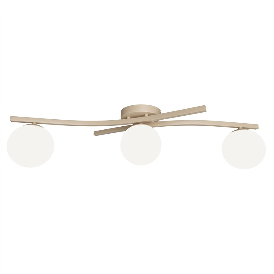 Vue de face du plafonnier beige avec trois globes blancs sur bras courbés.