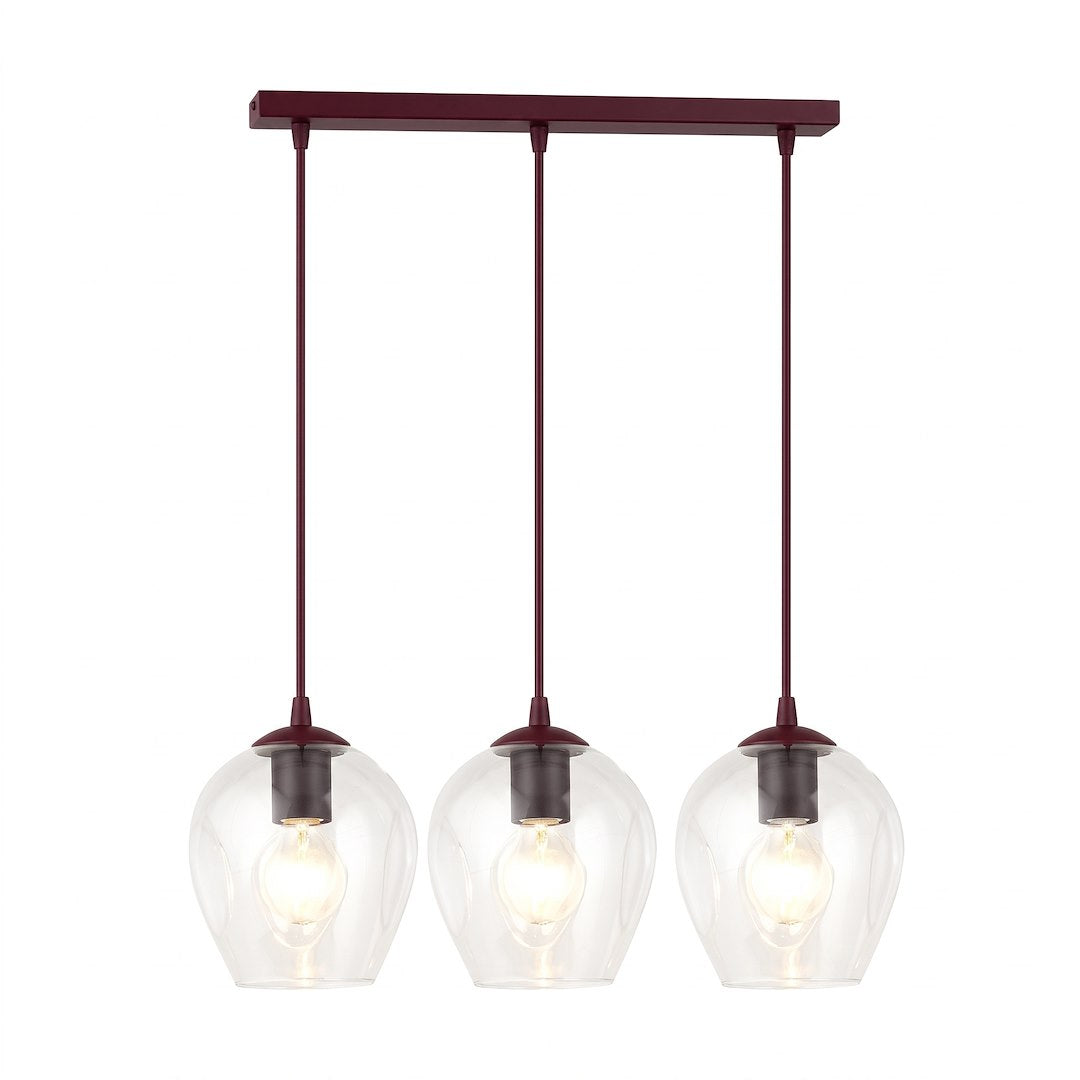 Suspension trois lumières vue de face, verre transparent et structure bordeaux sur fond blanc