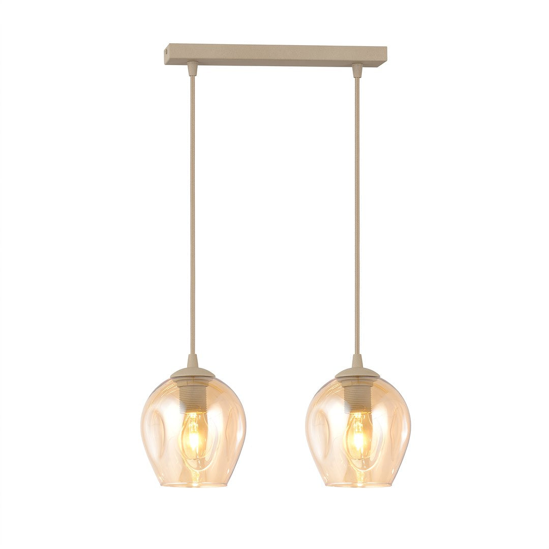 Suspension deux lumières vue de face sur fond blanc, verre ambré et structure beige.
