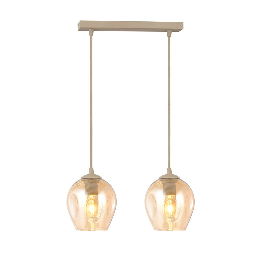 Suspension deux lumières vue de face sur fond blanc, verre ambré et structure beige.