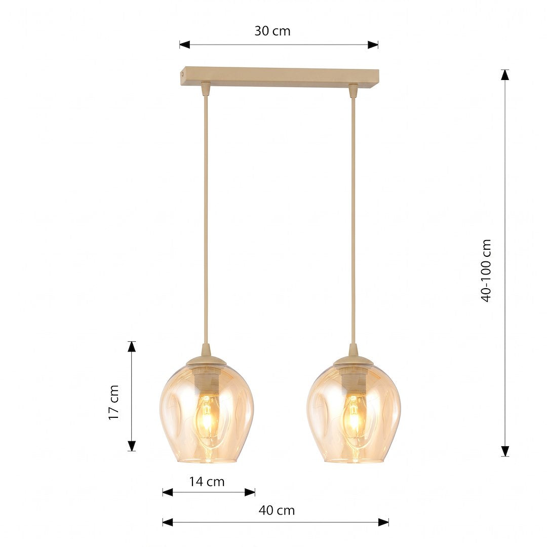 Schéma de dimensions du luminaire avec hauteur, largeur et diamètre indiqués.