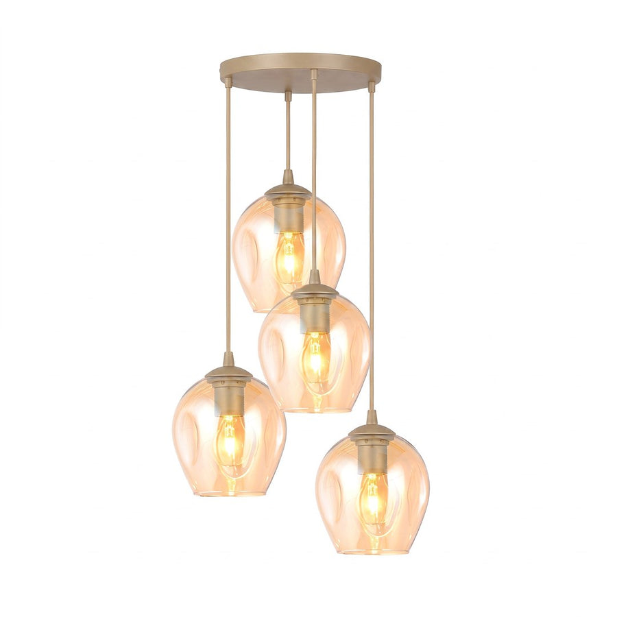 Vue de face du luminaire sur fond blanc, quatre globes en verre ambré suspendus
