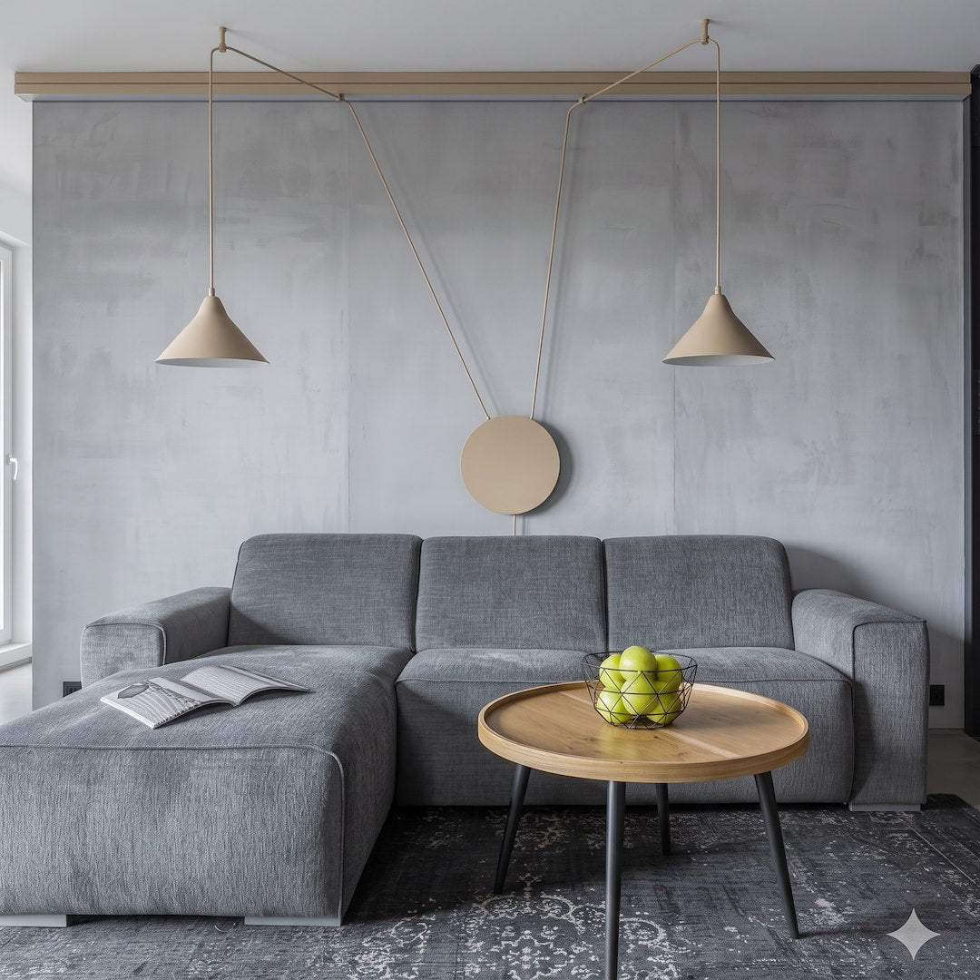 Vue dans un séjour, suspension beige à deux cônes devant un mur gris.